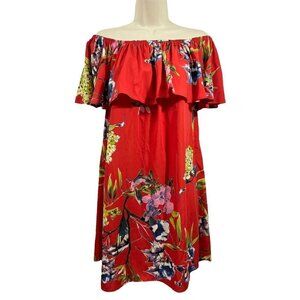 Promesa Dreaming of Sunshine‎ Off The Shoulder Dress Floral Birds Red Small